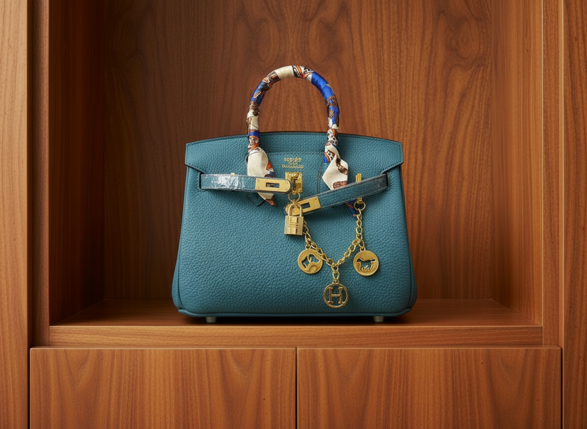 Sac Hermès bleu réaliste sur meuble
