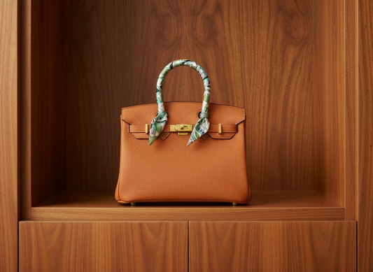 Sac Hermès sur meuble en bois